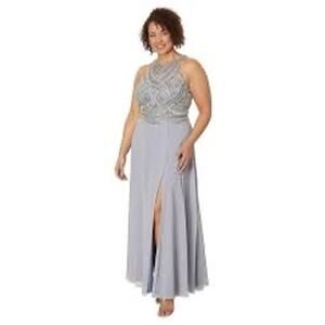 Betsy & Adam Metallic Beaded Chiffon Long Evening Gown Grey Women Size 16 NWT